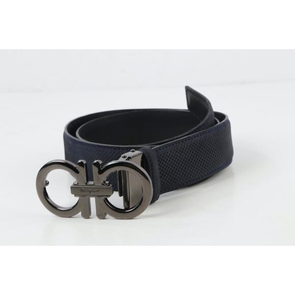 Salvatore Ferragamo Belt 120 Navy Blue Perforated Leather Gunmetal Gancini Luxe